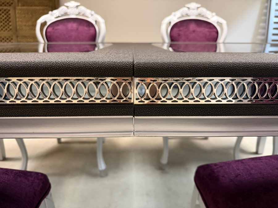 Seven Piece Modern Glam Dining Set Featuring Silver Finished Extension Table With Two Smoked Glass Insets And Six Purple Velvet And Zebra Print Chairs Table: 42'W X 78'L X 31'H [Photo 5]