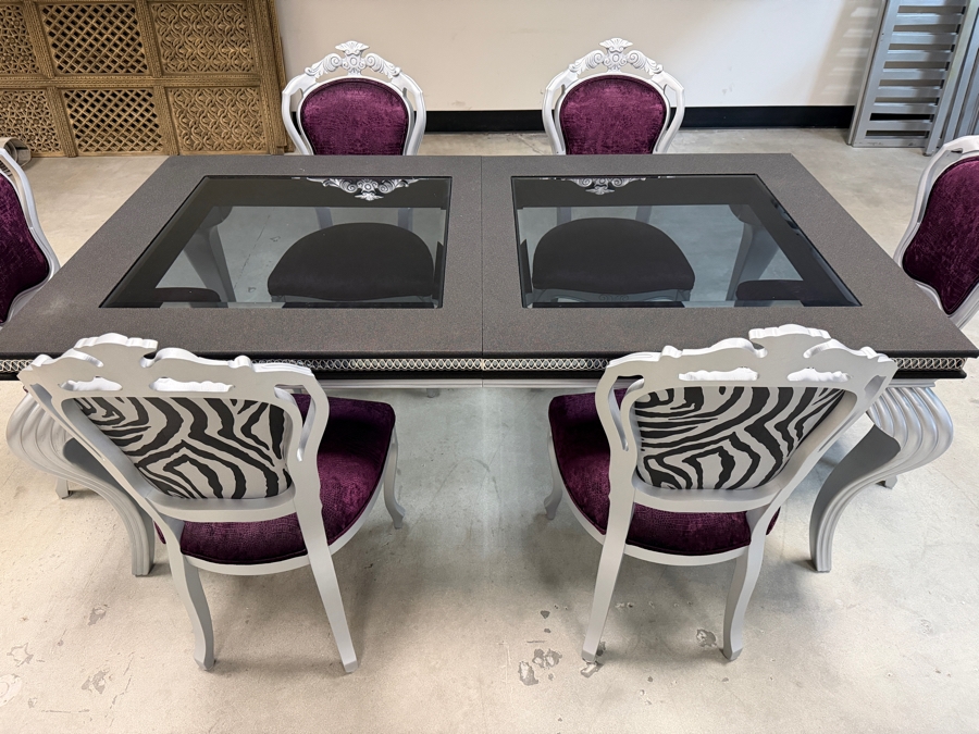 Seven Piece Modern Glam Dining Set Featuring Silver Finished Extension Table With Two Smoked Glass Insets And Six Purple Velvet And Zebra Print Chairs Table: 42'W X 78'L X 31'H [Photo 4]