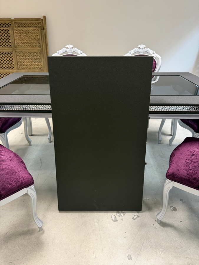 Seven Piece Modern Glam Dining Set Featuring Silver Finished Extension Table With Two Smoked Glass Insets And Six Purple Velvet And Zebra Print Chairs Table: 42'W X 78'L X 31'H [Photo 9]