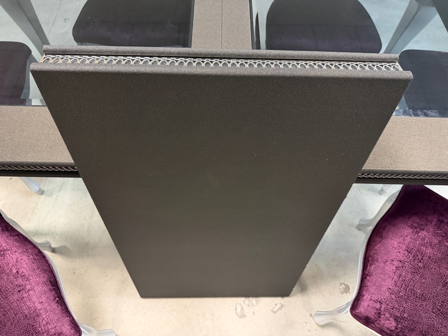 Seven Piece Modern Glam Dining Set Featuring Silver Finished Extension Table With Two Smoked Glass Insets And Six Purple Velvet And Zebra Print Chairs Table: 42'W X 78'L X 31'H [Photo 10]