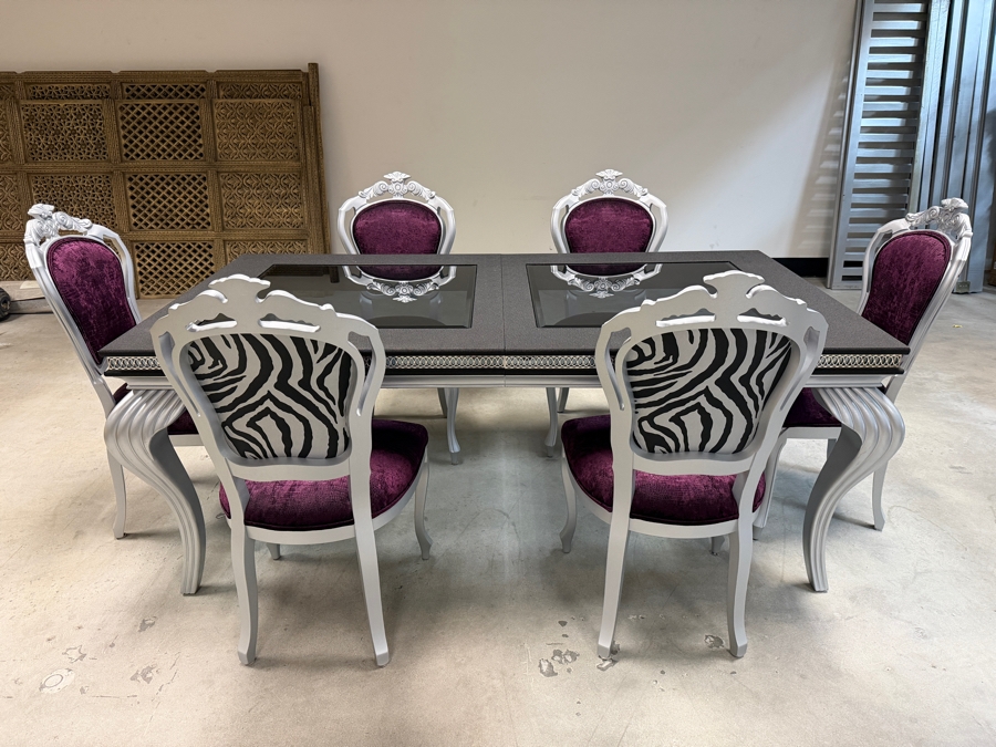 Seven Piece Modern Glam Dining Set Featuring Silver Finished Extension Table With Two Smoked Glass Insets And Six Purple Velvet And Zebra Print Chairs Table: 42'W X 78'L X 31'H [Photo 2]