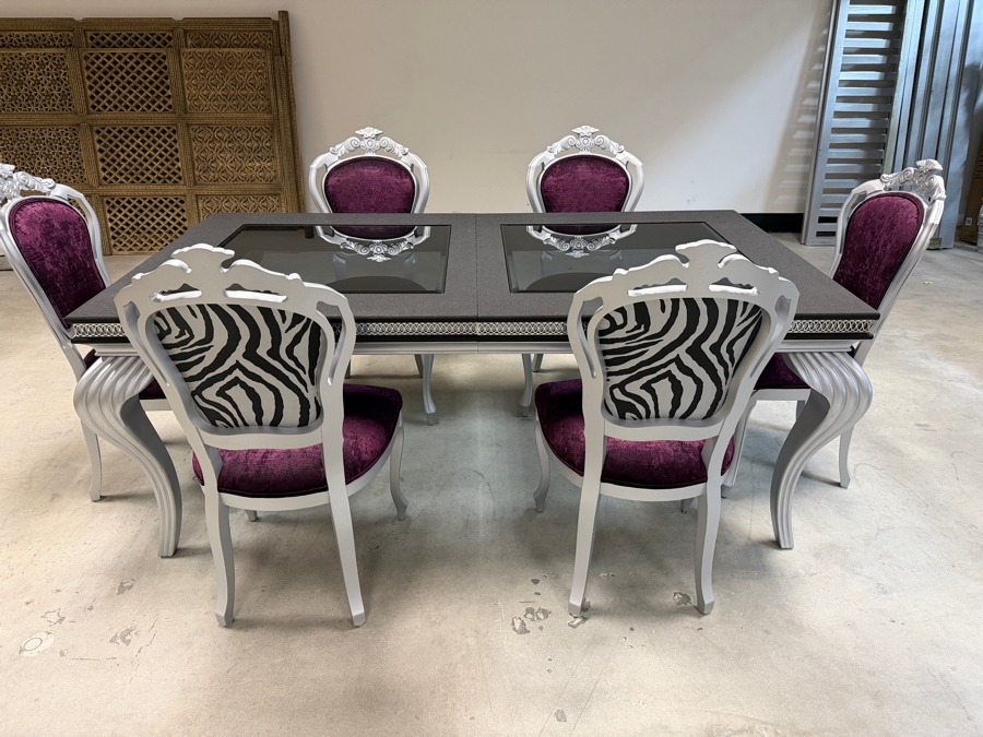 Seven Piece Modern Glam Dining Set Featuring Silver Finished Extension Table With Two Smoked Glass Insets And Six Purple Velvet And Zebra Print Chairs Table: 42'W X 78'L X 31'H [Photo 3]