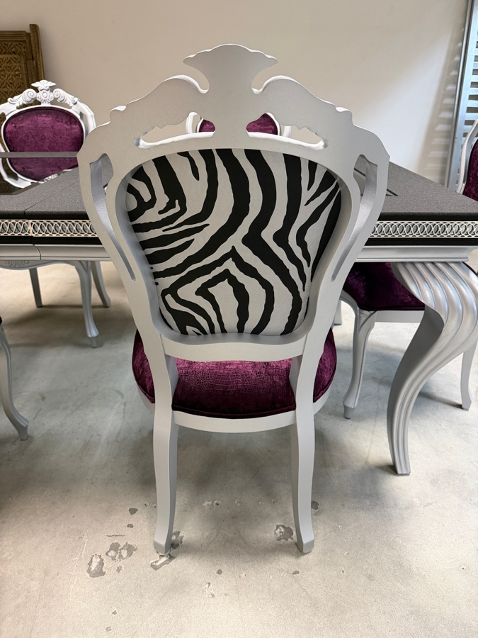 Seven Piece Modern Glam Dining Set Featuring Silver Finished Extension Table With Two Smoked Glass Insets And Six Purple Velvet And Zebra Print Chairs Table: 42'W X 78'L X 31'H [Photo 7]