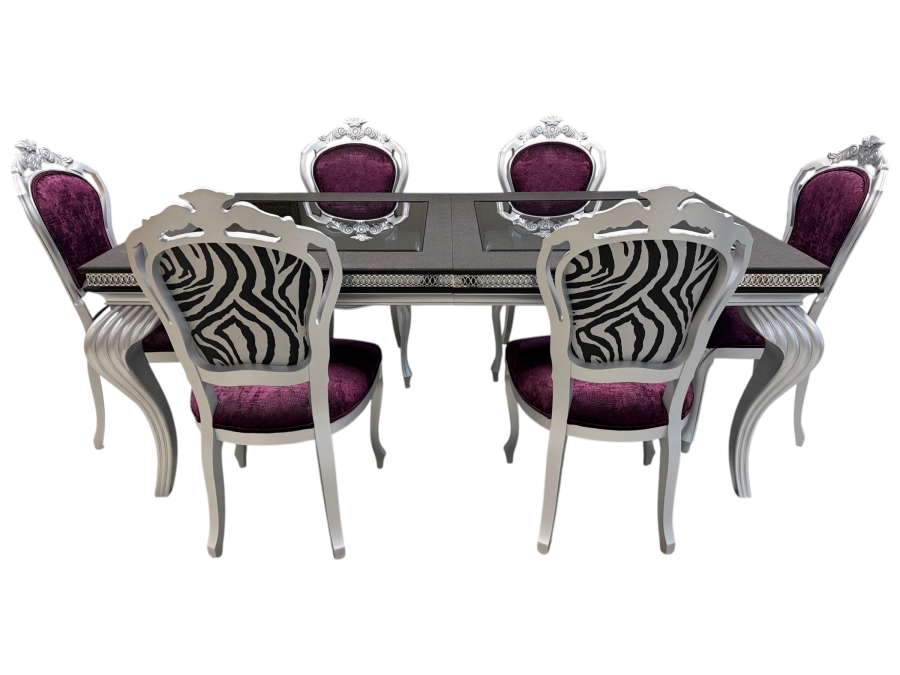 Seven Piece Modern Glam Dining Set Featuring Silver Finished Extension Table With Two Smoked Glass Insets And Six Purple Velvet And Zebra Print Chairs Table: 42'W X 78'L X 31'H