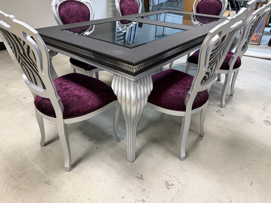 Seven Piece Modern Glam Dining Set Featuring Silver Finished Extension Table With Two Smoked Glass Insets And Six Purple Velvet And Zebra Print Chairs Table: 42'W X 78'L X 31'H [Photo 6]