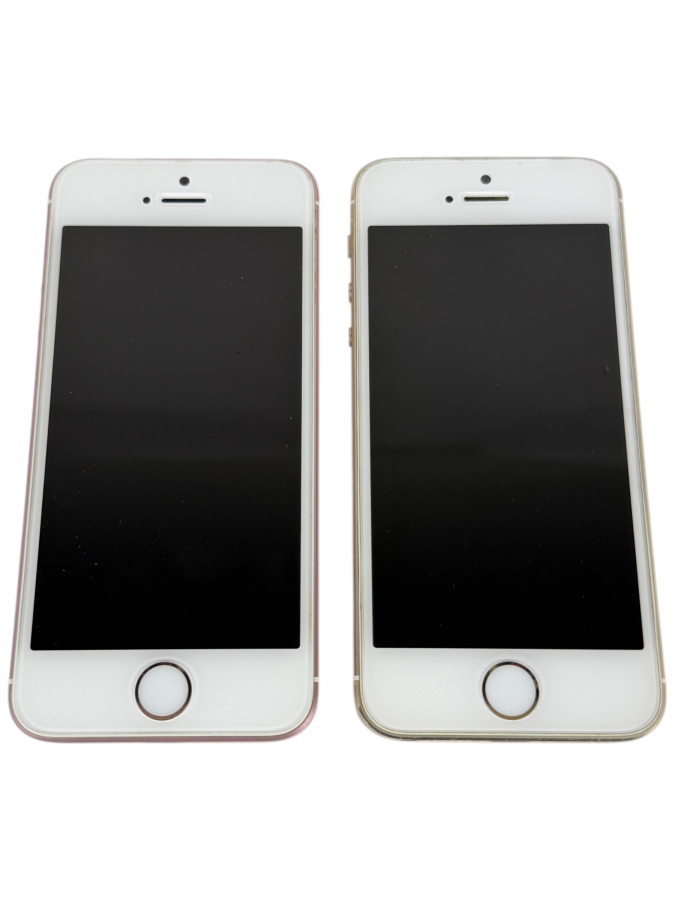 Two Apple iPhone SE First Generation Smartphones Finished In Rose Gold And Gold Featuring White Front Glass Bezels
