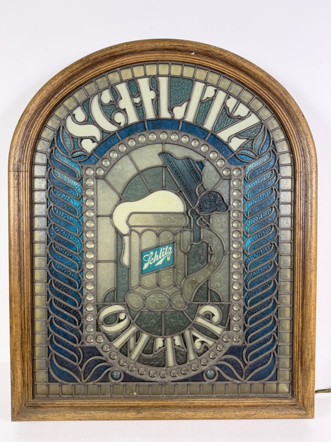 Vintage 1977 Schlitz On Tap Illuminated Faux Stained Glass Plastic Bar Advertising Sign With Wooden Arch Frame 21'W X 3'D X 26.5'H [Photo 3]