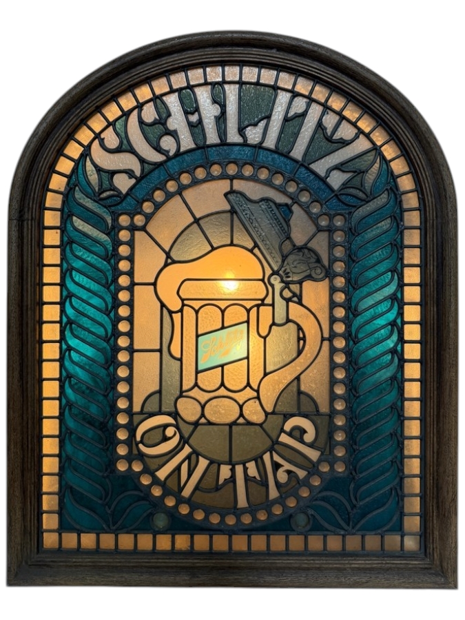 Vintage 1977 Schlitz On Tap Illuminated Faux Stained Glass Plastic Bar Advertising Sign With Wooden Arch Frame 21'W X 3'D X 26.5'H