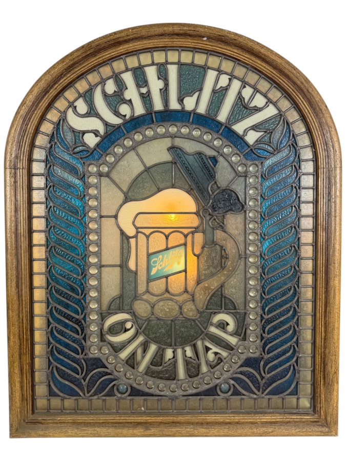 Vintage 1977 Schlitz On Tap Illuminated Faux Stained Glass Plastic Bar Advertising Sign With Wooden Arch Frame 21'W X 3'D X 26.5'H [Photo 2]