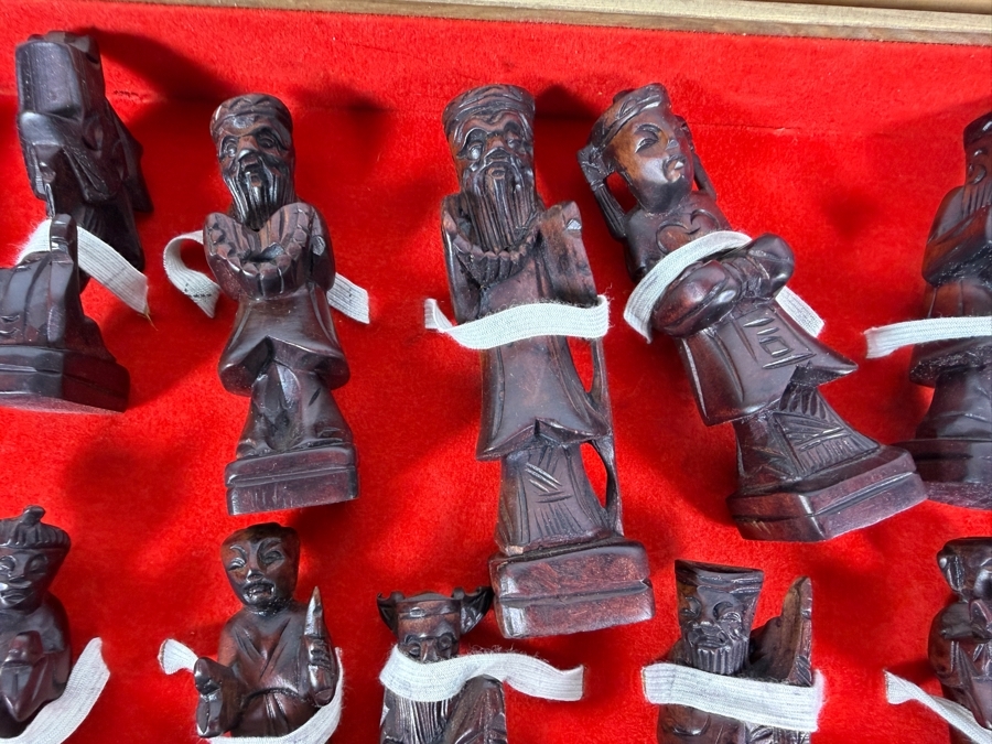 Vintage Mid Century Chinese Carved Wood Folding Chess Set Box Featuring Dragon Motifs And Red Velvet Lined Built In Drawer Compartments Storing Hand Carved Chess Pieces [Photo 8]