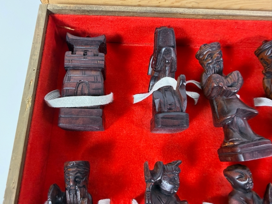 Vintage Mid Century Chinese Carved Wood Folding Chess Set Box Featuring Dragon Motifs And Red Velvet Lined Built In Drawer Compartments Storing Hand Carved Chess Pieces [Photo 10]