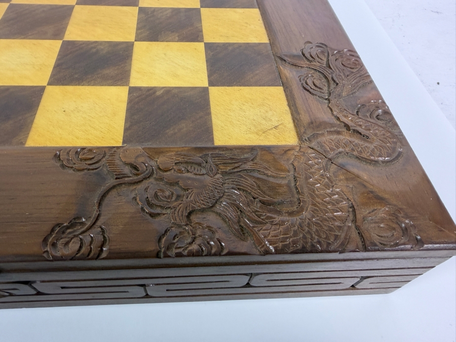 Vintage Mid Century Chinese Carved Wood Folding Chess Set Box Featuring Dragon Motifs And Red Velvet Lined Built In Drawer Compartments Storing Hand Carved Chess Pieces [Photo 4]