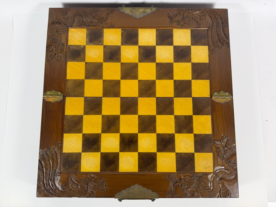 Vintage Mid Century Chinese Carved Wood Folding Chess Set Box Featuring Dragon Motifs And Red Velvet Lined Built In Drawer Compartments Storing Hand Carved Chess Pieces [Photo 2]