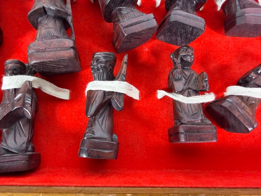 Vintage Mid Century Chinese Carved Wood Folding Chess Set Box Featuring Dragon Motifs And Red Velvet Lined Built In Drawer Compartments Storing Hand Carved Chess Pieces [Photo 9]