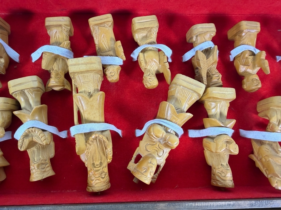 Vintage Mid Century Chinese Carved Wood Folding Chess Set Box Featuring Dragon Motifs And Red Velvet Lined Built In Drawer Compartments Storing Hand Carved Chess Pieces [Photo 11]