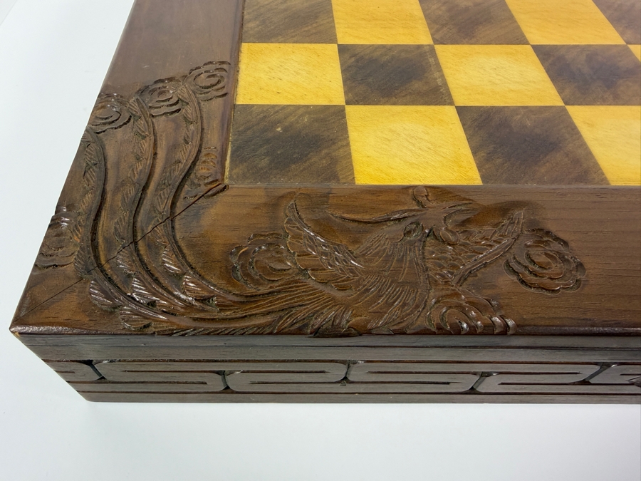 Vintage Mid Century Chinese Carved Wood Folding Chess Set Box Featuring Dragon Motifs And Red Velvet Lined Built In Drawer Compartments Storing Hand Carved Chess Pieces [Photo 3]