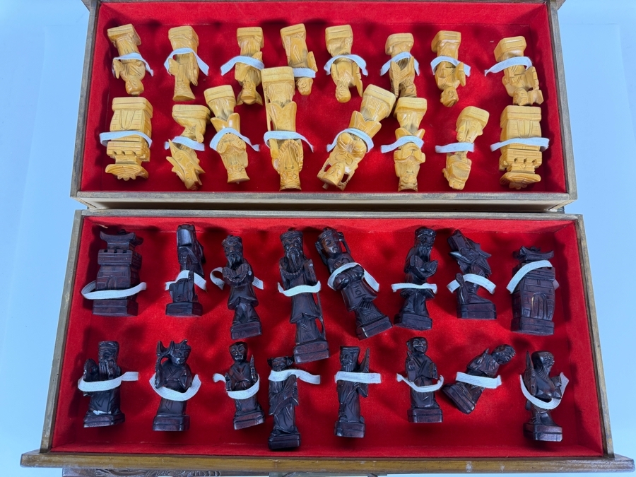 Vintage Mid Century Chinese Carved Wood Folding Chess Set Box Featuring Dragon Motifs And Red Velvet Lined Built In Drawer Compartments Storing Hand Carved Chess Pieces [Photo 6]