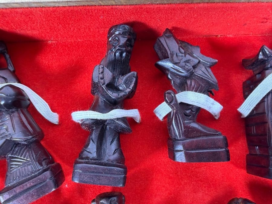 Vintage Mid Century Chinese Carved Wood Folding Chess Set Box Featuring Dragon Motifs And Red Velvet Lined Built In Drawer Compartments Storing Hand Carved Chess Pieces [Photo 7]