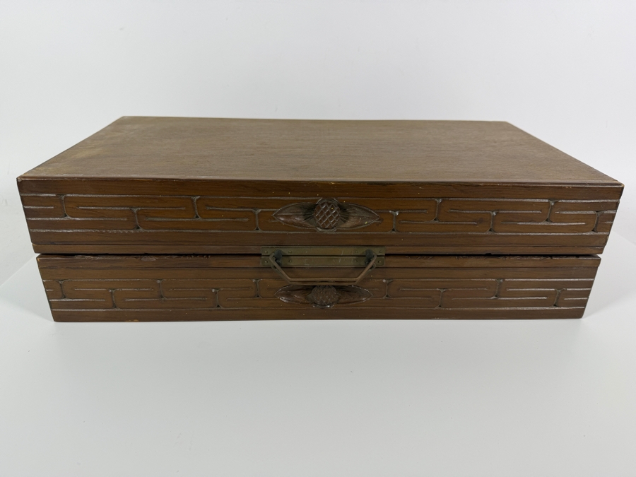 Vintage Mid Century Chinese Carved Wood Folding Chess Set Box Featuring Dragon Motifs And Red Velvet Lined Built In Drawer Compartments Storing Hand Carved Chess Pieces [Photo 13]