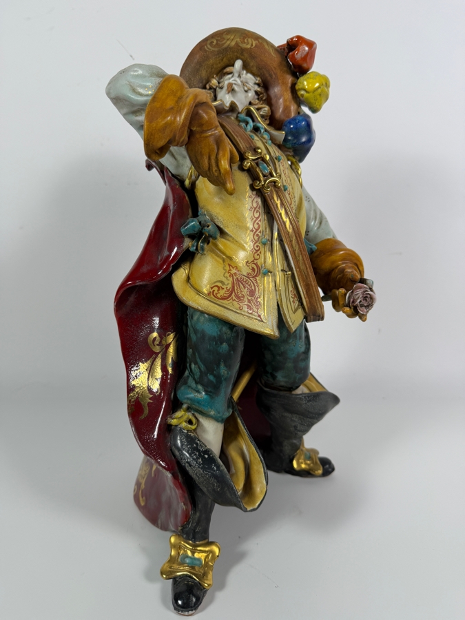 Vintage Italian Glazed Majolica Terracotta Figurine In The Style Of Professor Eugenio Pattarino Depicting An Elaborate Flamboyant Musketeer Cavalier Character 16'H [Photo 7]
