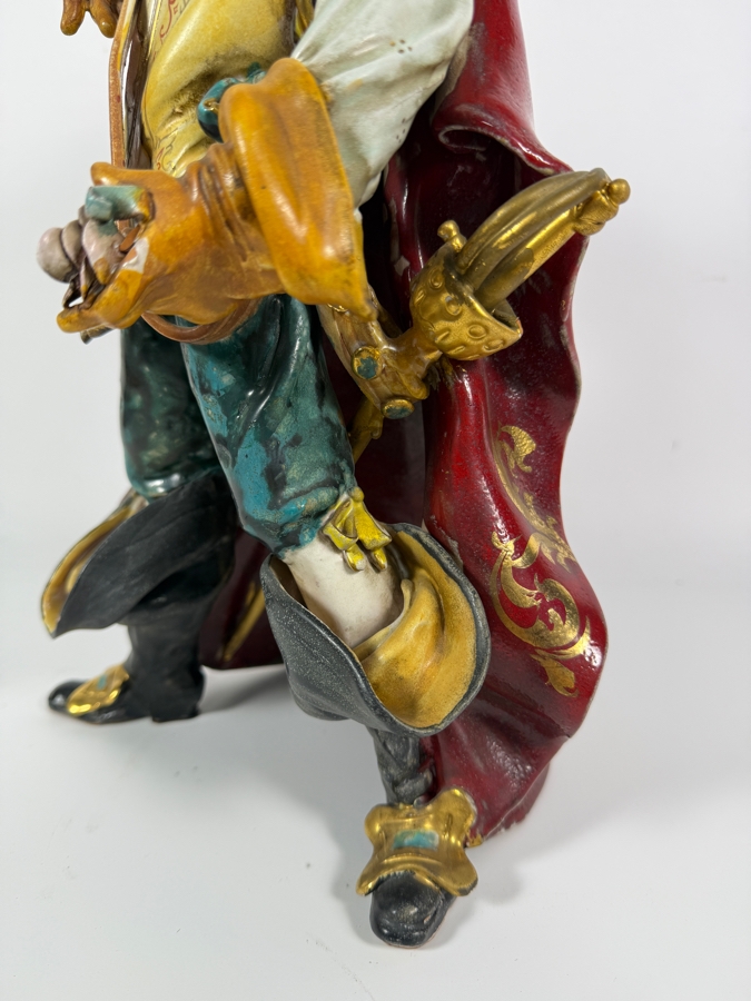 Vintage Italian Glazed Majolica Terracotta Figurine In The Style Of Professor Eugenio Pattarino Depicting An Elaborate Flamboyant Musketeer Cavalier Character 16'H [Photo 4]