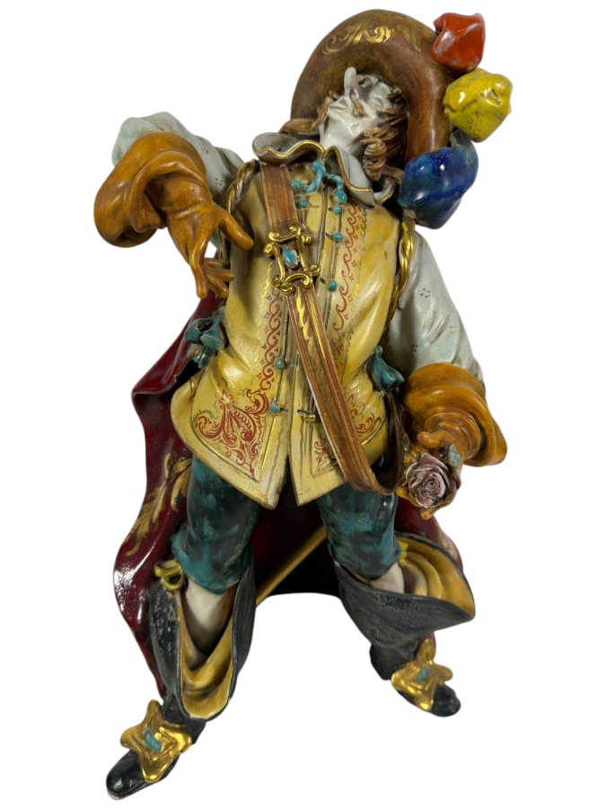 Vintage Italian Glazed Majolica Terracotta Figurine In The Style Of Professor Eugenio Pattarino Depicting An Elaborate Flamboyant Musketeer Cavalier Character 16'H