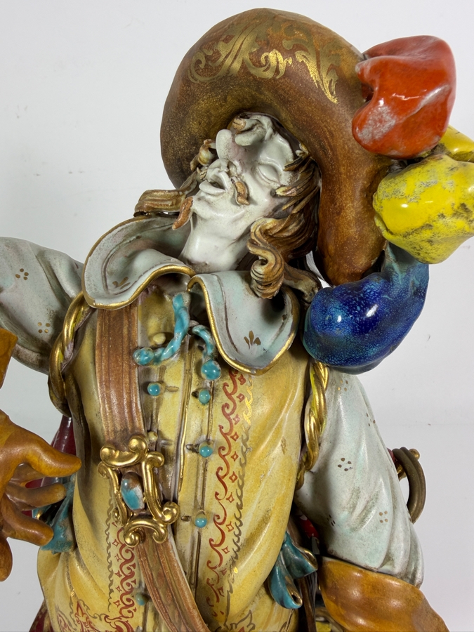 Vintage Italian Glazed Majolica Terracotta Figurine In The Style Of Professor Eugenio Pattarino Depicting An Elaborate Flamboyant Musketeer Cavalier Character 16'H [Photo 2]