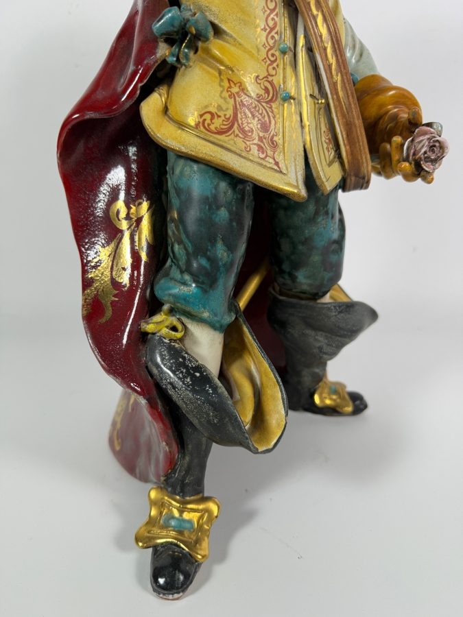 Vintage Italian Glazed Majolica Terracotta Figurine In The Style Of Professor Eugenio Pattarino Depicting An Elaborate Flamboyant Musketeer Cavalier Character 16'H [Photo 9]