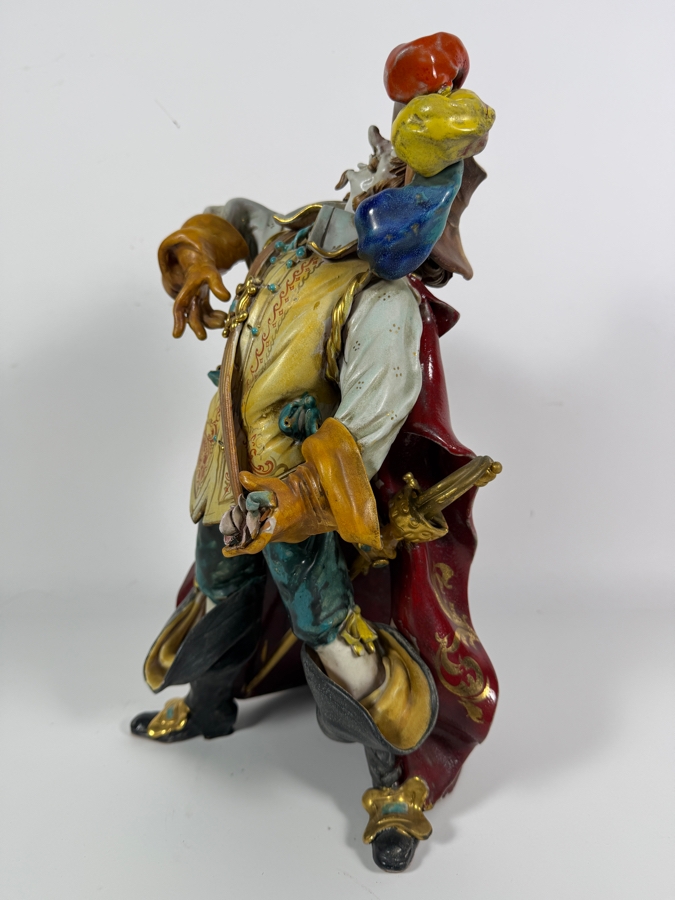Vintage Italian Glazed Majolica Terracotta Figurine In The Style Of Professor Eugenio Pattarino Depicting An Elaborate Flamboyant Musketeer Cavalier Character 16'H [Photo 3]