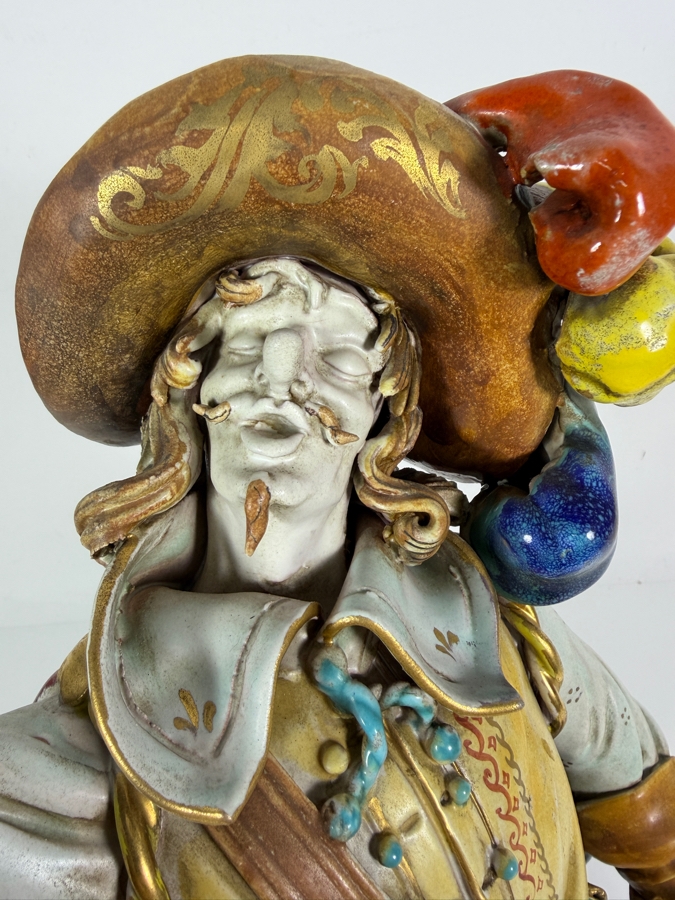 Vintage Italian Glazed Majolica Terracotta Figurine In The Style Of Professor Eugenio Pattarino Depicting An Elaborate Flamboyant Musketeer Cavalier Character 16'H [Photo 8]
