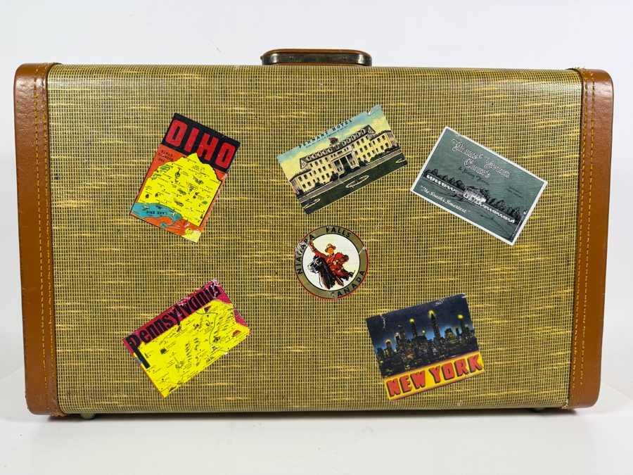Vintage Mid Century Towncraft Tweed Hard Shell Suitcase Adorned With Retro Southwest Route Sixty Six And California Travel Decal Stickers 21'W X 7'D X 14'H [Photo 12]