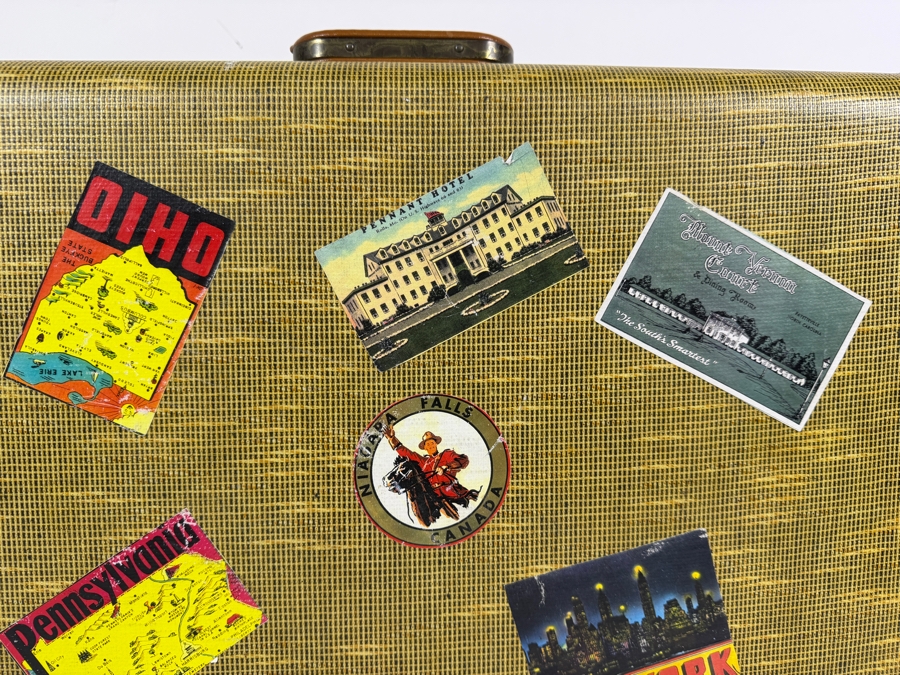 Vintage Mid Century Towncraft Tweed Hard Shell Suitcase Adorned With Retro Southwest Route Sixty Six And California Travel Decal Stickers 21'W X 7'D X 14'H [Photo 16]