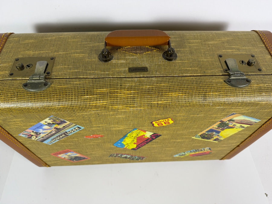 Vintage Mid Century Towncraft Tweed Hard Shell Suitcase Adorned With Retro Southwest Route Sixty Six And California Travel Decal Stickers 21'W X 7'D X 14'H [Photo 7]