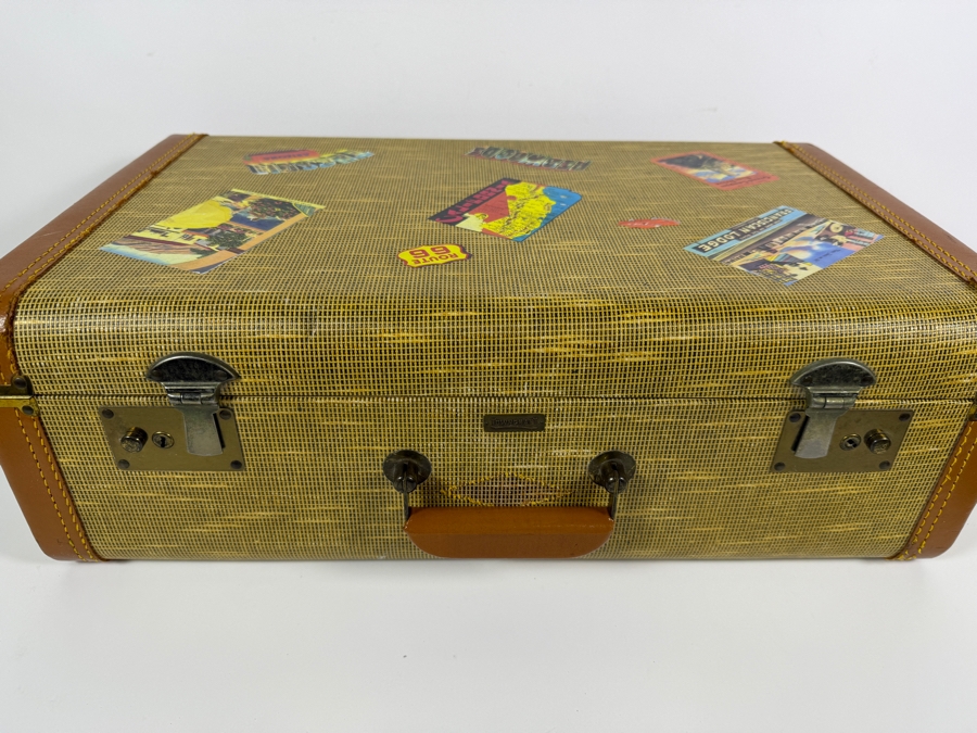 Vintage Mid Century Towncraft Tweed Hard Shell Suitcase Adorned With Retro Southwest Route Sixty Six And California Travel Decal Stickers 21'W X 7'D X 14'H [Photo 8]
