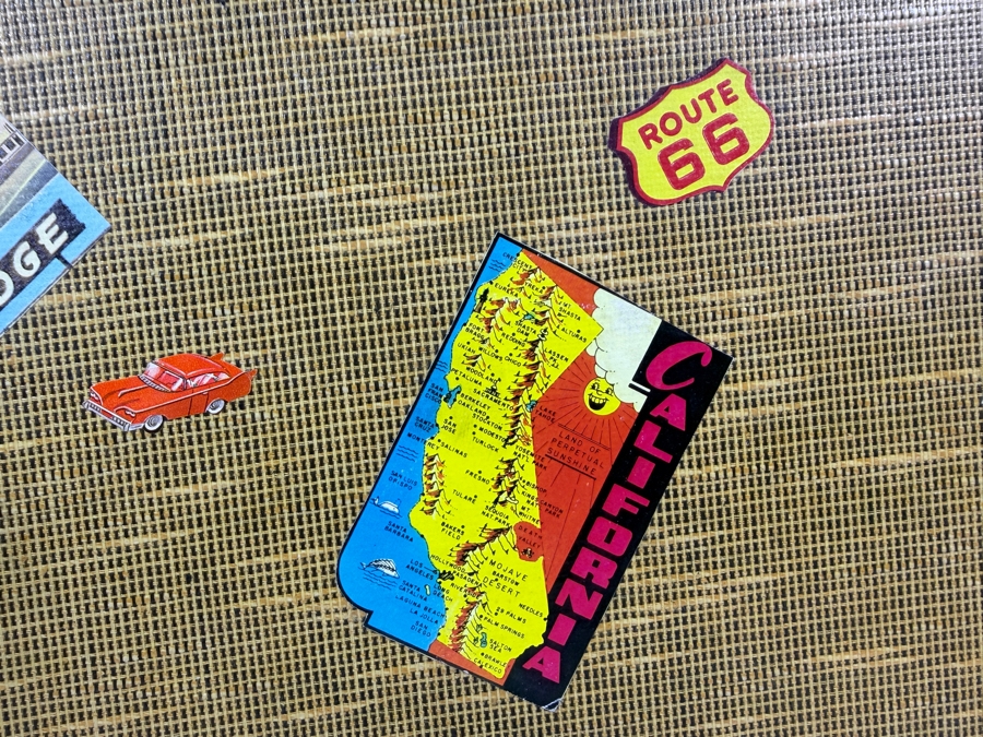 Vintage Mid Century Towncraft Tweed Hard Shell Suitcase Adorned With Retro Southwest Route Sixty Six And California Travel Decal Stickers 21'W X 7'D X 14'H [Photo 3]