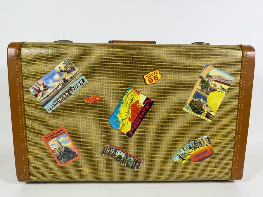 Vintage Mid Century Towncraft Tweed Hard Shell Suitcase Adorned With Retro Southwest Route Sixty Six And California Travel Decal Stickers 21'W X 7'D X 14'H [Photo 2]