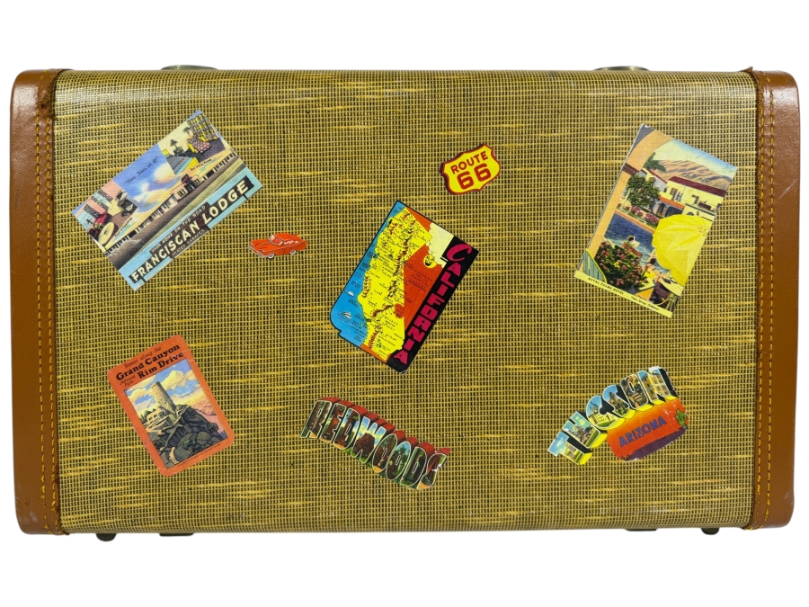 Vintage Mid Century Towncraft Tweed Hard Shell Suitcase Adorned With Retro Southwest Route Sixty Six And California Travel Decal Stickers 21'W X 7'D X 14'H