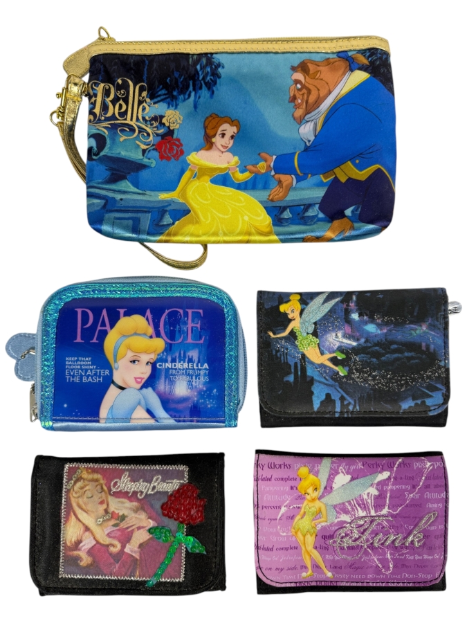 Assorted Lot Of Five Disney Character Wallets Pouches And Wristlets Featuring Belle Cinderella Tinker Bell And Sleeping Beauty