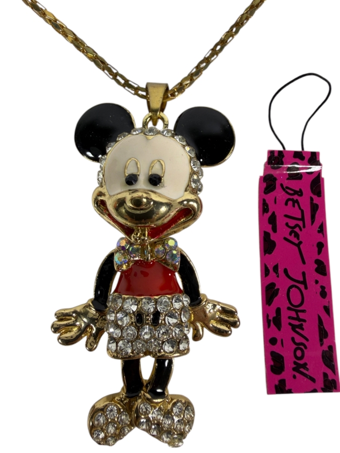 Betsey Johnson Disney Collaboration Clear Rhinestone Fully Articulated Mickey Mouse Animated Three D Pendant Statement Necklace With Pink Leopard Brand Tag
