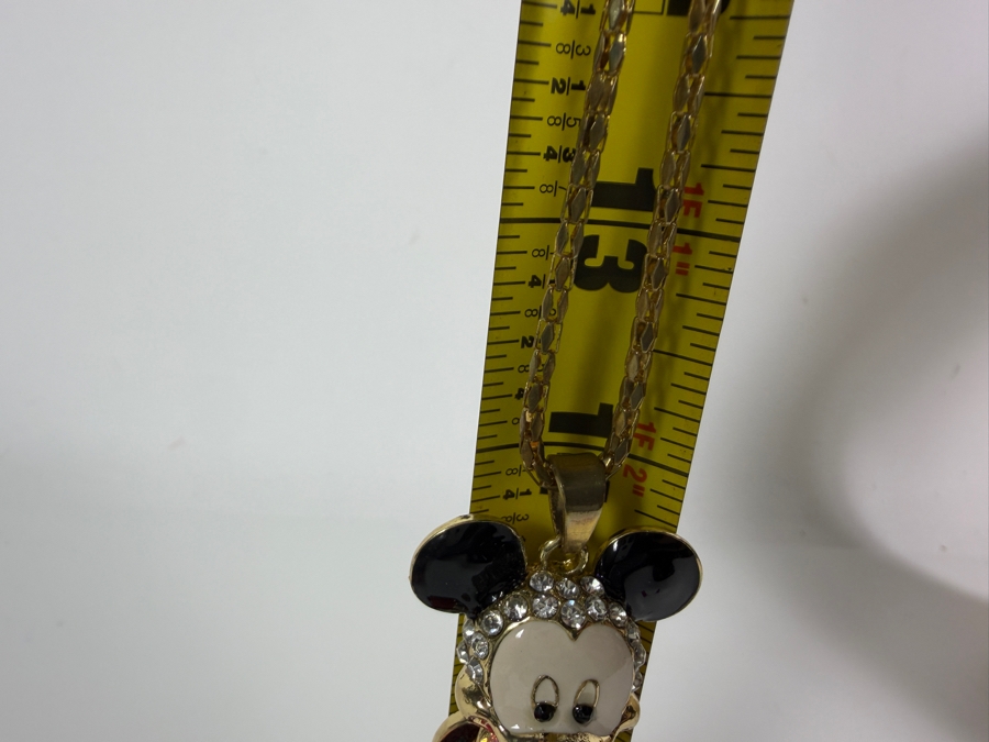 Betsey Johnson Disney Collaboration Clear Rhinestone Fully Articulated Mickey Mouse Animated Three D Pendant Statement Necklace With Pink Leopard Brand Tag [Photo 5]