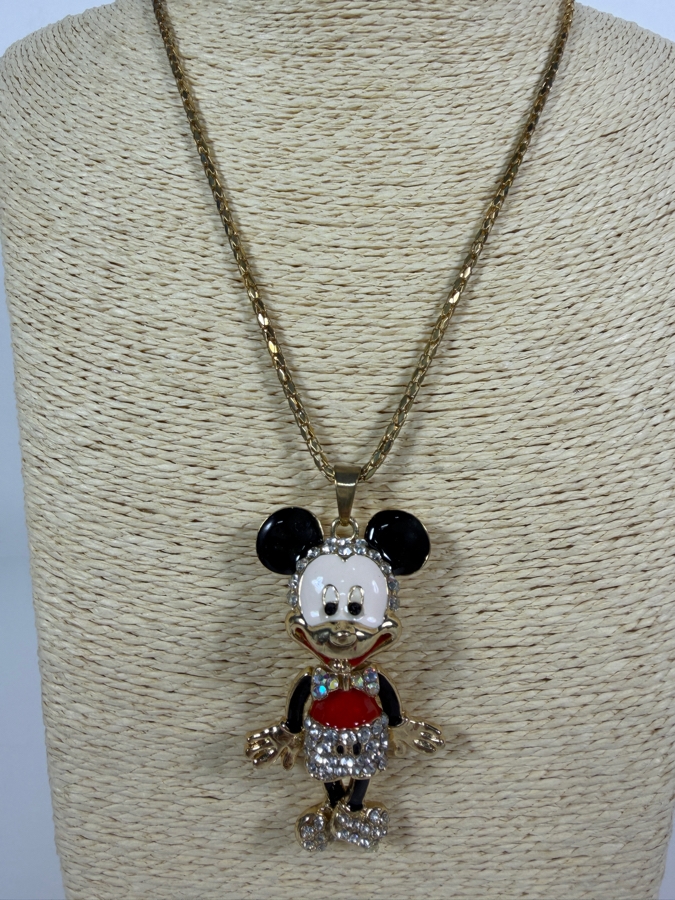 Betsey Johnson Disney Collaboration Clear Rhinestone Fully Articulated Mickey Mouse Animated Three D Pendant Statement Necklace With Pink Leopard Brand Tag [Photo 3]