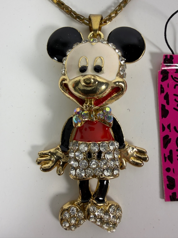 Betsey Johnson Disney Collaboration Clear Rhinestone Fully Articulated Mickey Mouse Animated Three D Pendant Statement Necklace With Pink Leopard Brand Tag [Photo 2]