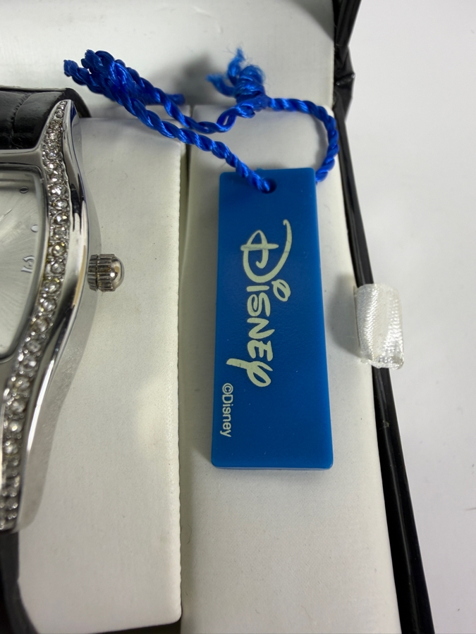 Disney Minnie Mouse Rhinestone Inset Silver Tone Tonneau Wristwatch With Black Croc Embossed Leather Strap Housed In Original Script Box [Photo 3]