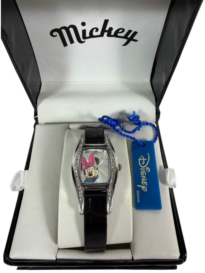 Disney Minnie Mouse Rhinestone Inset Silver Tone Tonneau Wristwatch With Black Croc Embossed Leather Strap Housed In Original Script Box