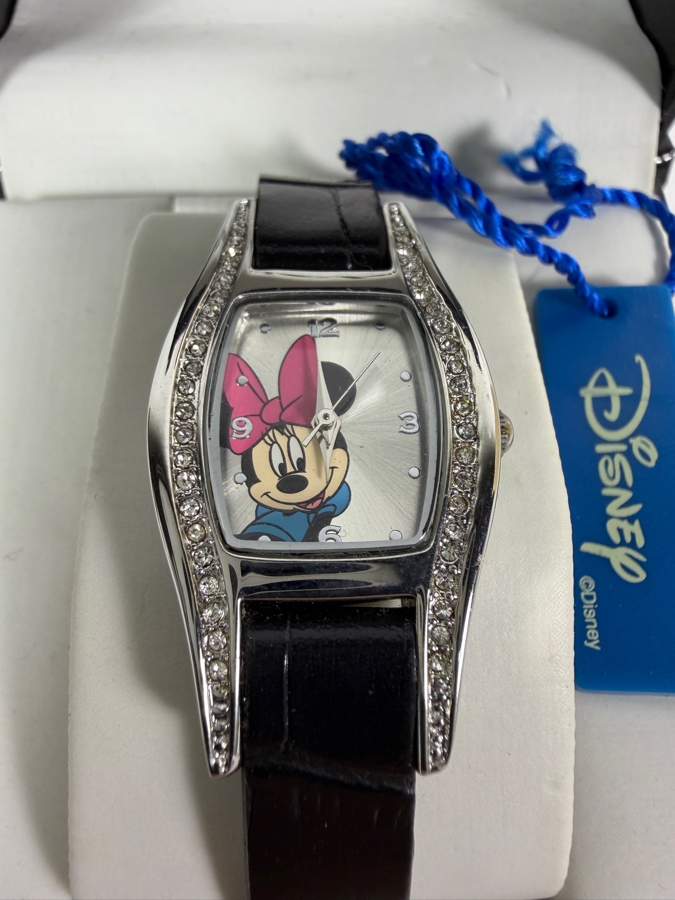 Disney Minnie Mouse Rhinestone Inset Silver Tone Tonneau Wristwatch With Black Croc Embossed Leather Strap Housed In Original Script Box [Photo 2]