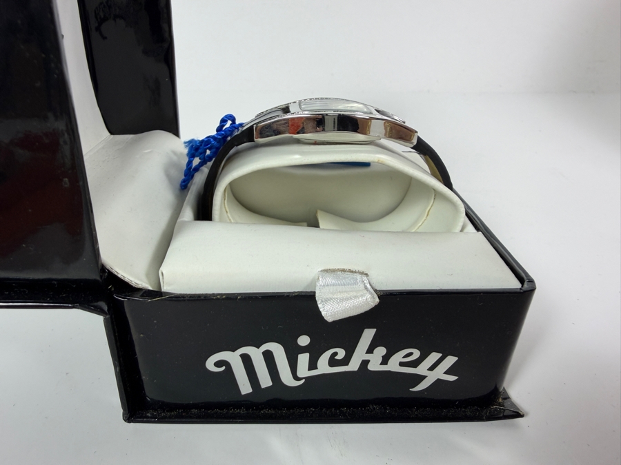 Disney Minnie Mouse Rhinestone Inset Silver Tone Tonneau Wristwatch With Black Croc Embossed Leather Strap Housed In Original Script Box [Photo 4]
