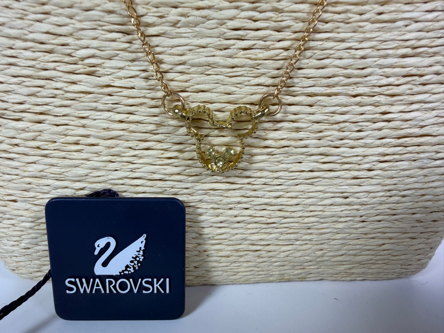 Disney Collaboration Swarovski Yellow Crystal Inset Open Silhouette Mickey Mouse Head Gold Tone Sterling Silver Vermeil Pendant Necklace With Original Tags 24' [Photo 3]