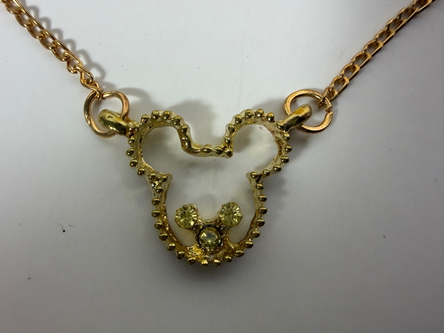 Disney Collaboration Swarovski Yellow Crystal Inset Open Silhouette Mickey Mouse Head Gold Tone Sterling Silver Vermeil Pendant Necklace With Original Tags 24' [Photo 4]