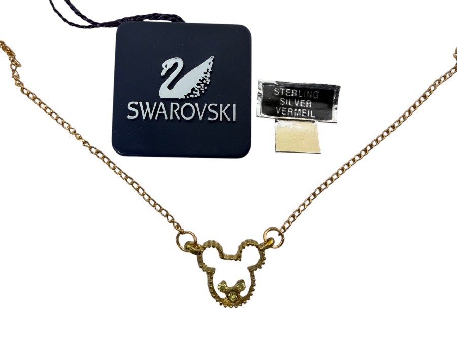Disney Collaboration Swarovski Yellow Crystal Inset Open Silhouette Mickey Mouse Head Gold Tone Sterling Silver Vermeil Pendant Necklace With Original Tags 24'