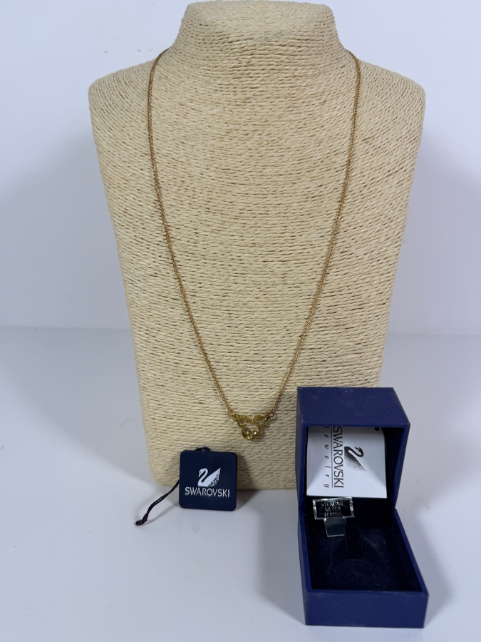 Disney Collaboration Swarovski Yellow Crystal Inset Open Silhouette Mickey Mouse Head Gold Tone Sterling Silver Vermeil Pendant Necklace With Original Tags 24' [Photo 2]